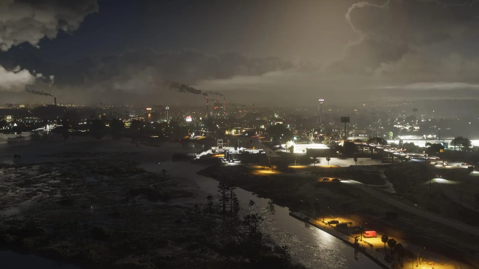 Амброзия ночью: огни завода и городка — GTA 6