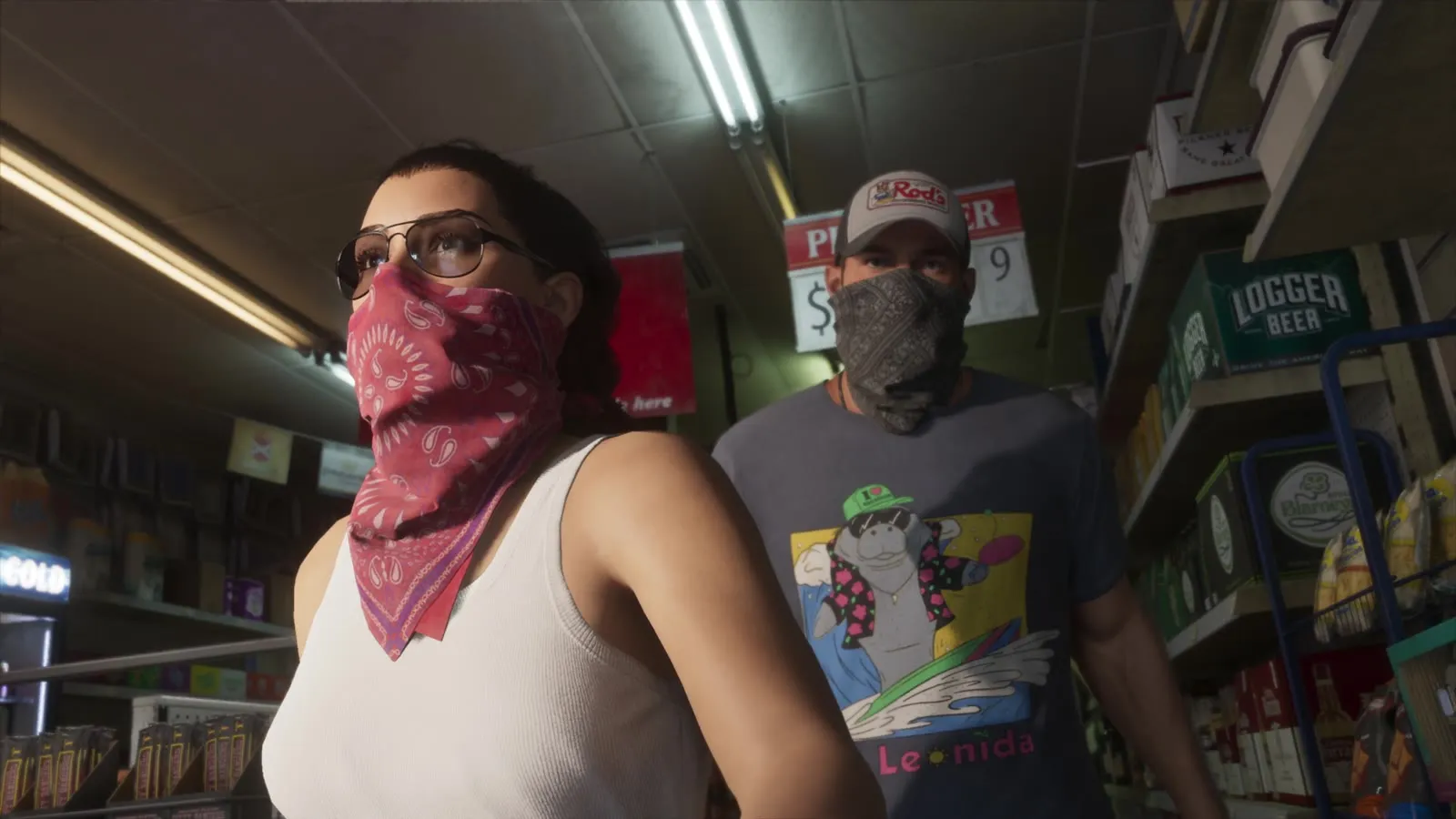 Двое в банданах в зале магазина · «Расширенный показ», 11:57 — GTA 6