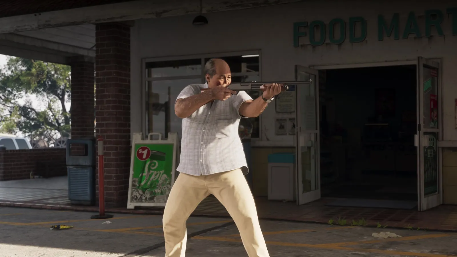 Мужчина с ружьём у входа в FOOD MART · «Расширенный показ» GTA 6, 12:13 — GTA 6