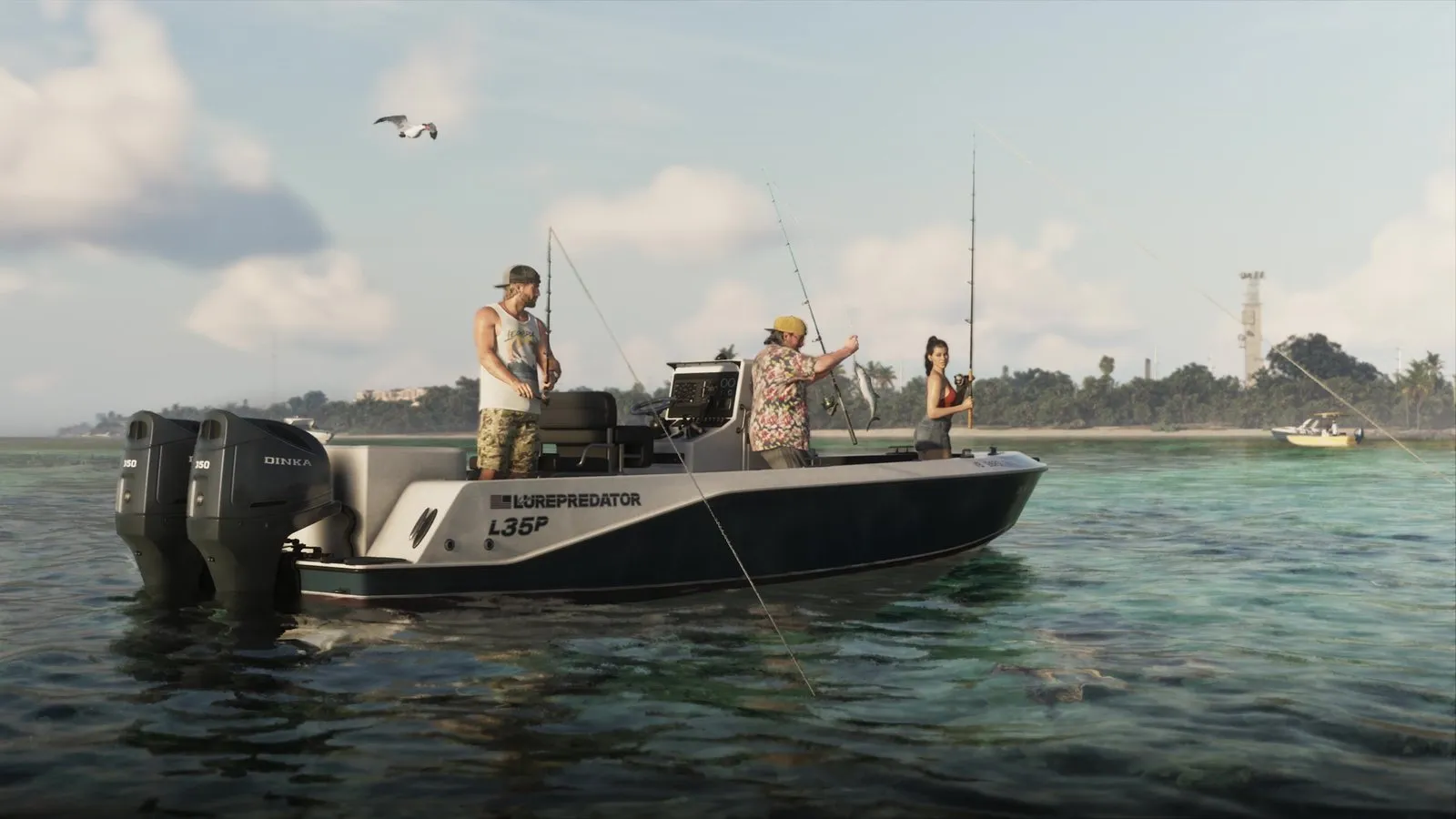 Катер LUREPREDATOR с двумя моторами Dinka 350: трое рыбачат у острова — GTA 6