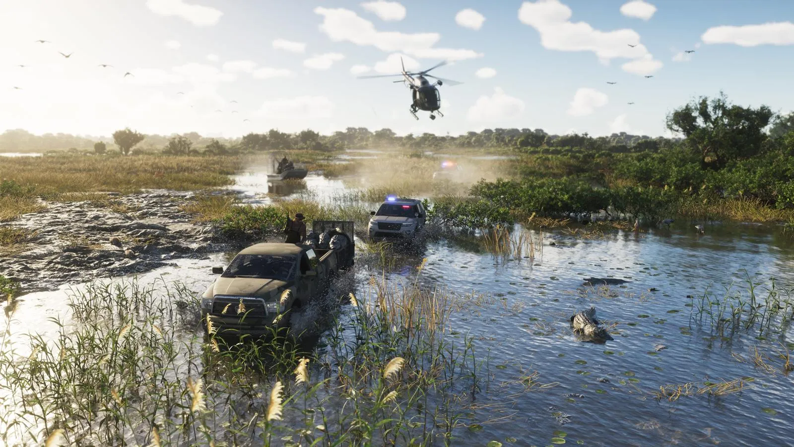 Аллигаторы в болоте Grassrivers, рядом пикап и полицейская машина — GTA 6